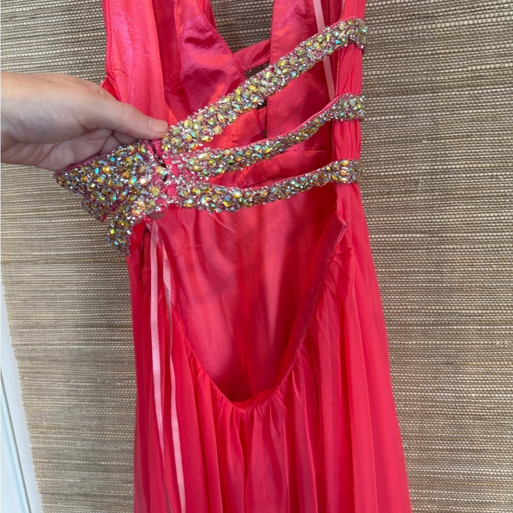 Elegant Coral Pink Backless Rhinestone Evening Gown - Picture 10 of 13
